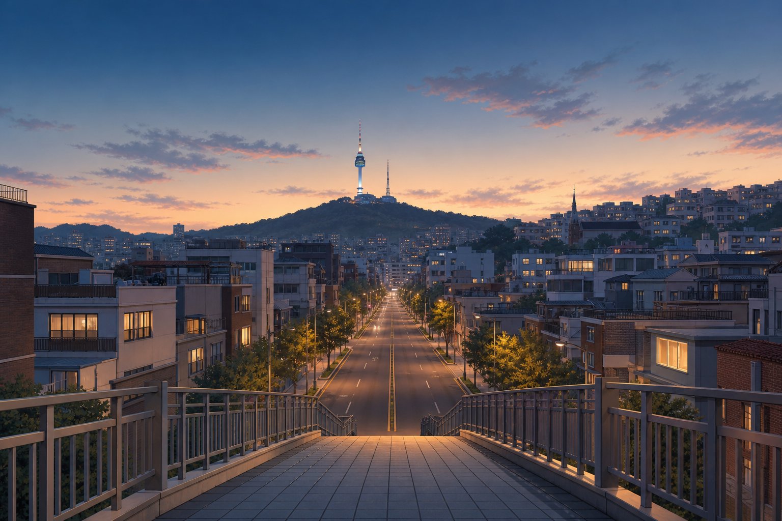해 질 무렵 녹사평 육교와 남산을 그린 Scenavia 일러스트